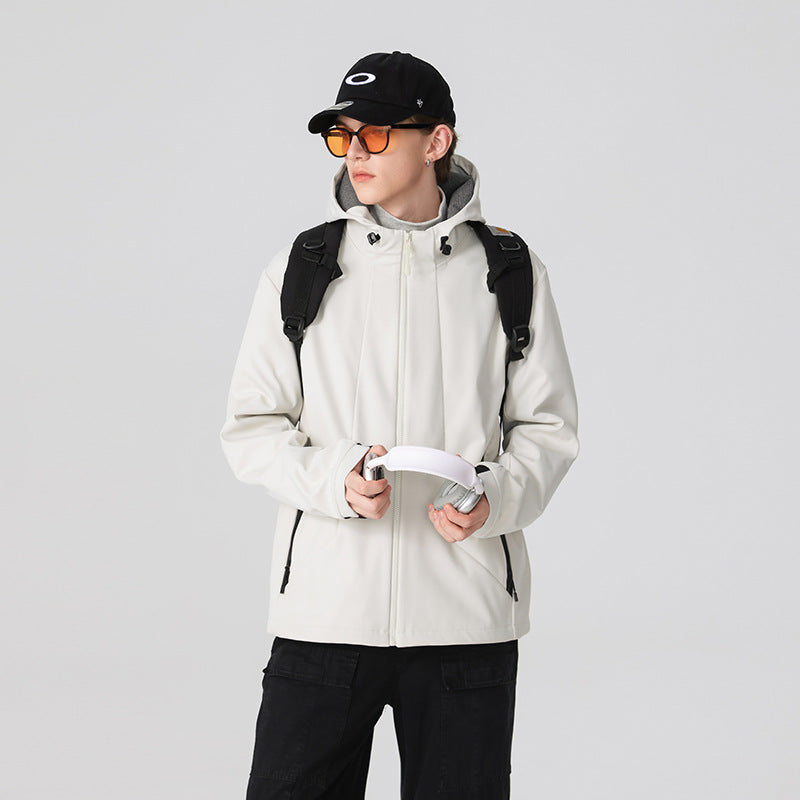 Herren Minimalistische Softshell‑Regenjacke mit verdecktem Reißverschluss, integrierter Kapuze und atmungsaktivem Meshfutter Drune