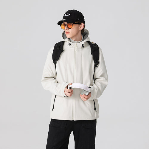 Herren Minimalistische Softshell‑Regenjacke mit verdecktem Reißverschluss, integrierter Kapuze und atmungsaktivem Meshfutter Drune