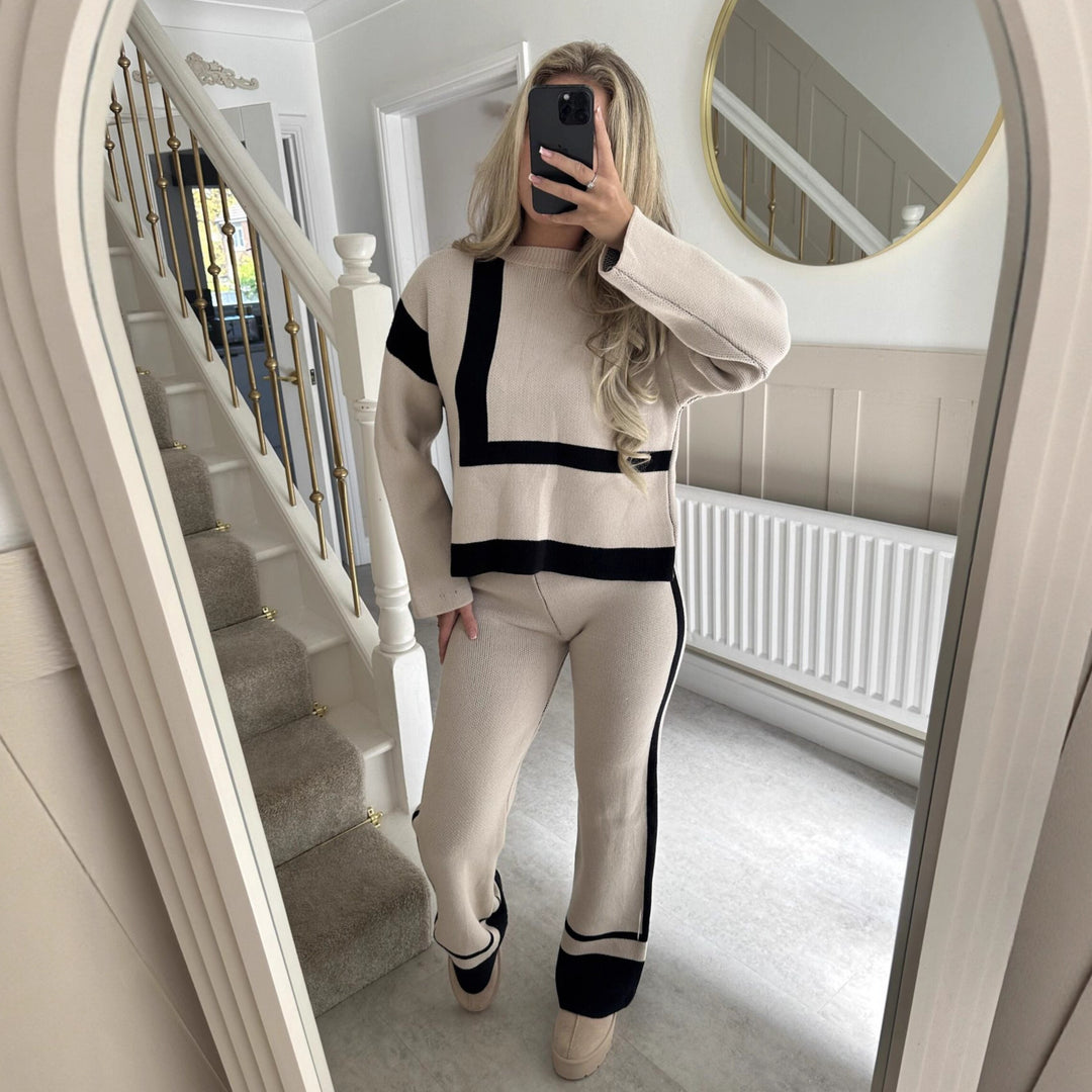 Damen lässiges Strick-Loungewear-Set mit geometrischem Muster Drune