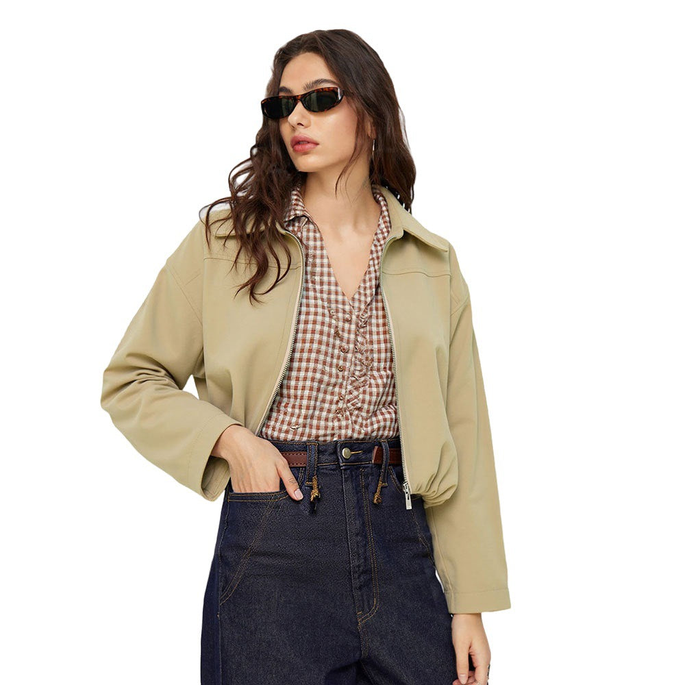 Damen kurze Oversize-Bomberjacke mit Reißverschluss, leichtem Kragen und elastischem Saum Drune