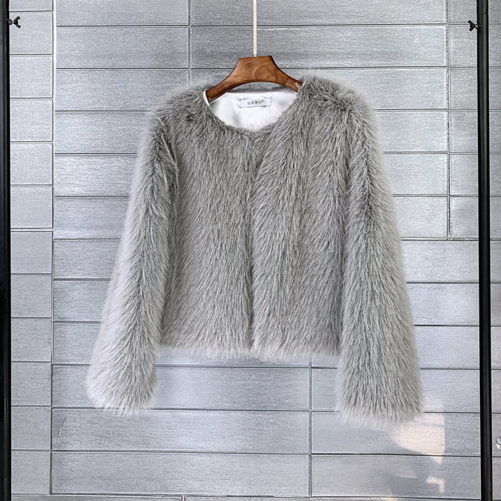Damen Kurze glamouröse Kunstfelljacke mit lockeren Ärmeln Drune