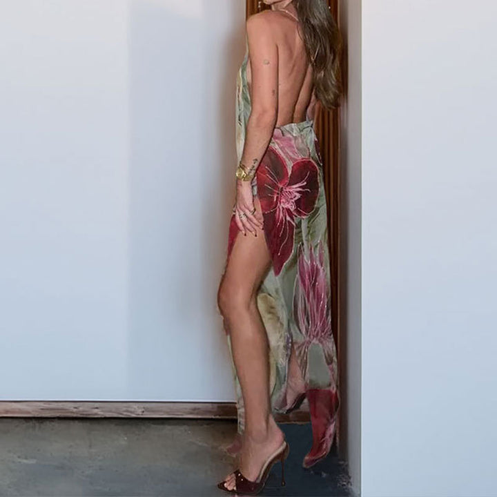 Damen Maxikleid mit transparentem Blumenmuster und schlanker Silhouette Drune