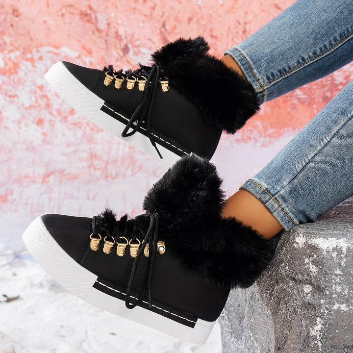 Damen Winterliche Sneaker-Stiefelette mit Kunstfellkragen und Plateau Drune