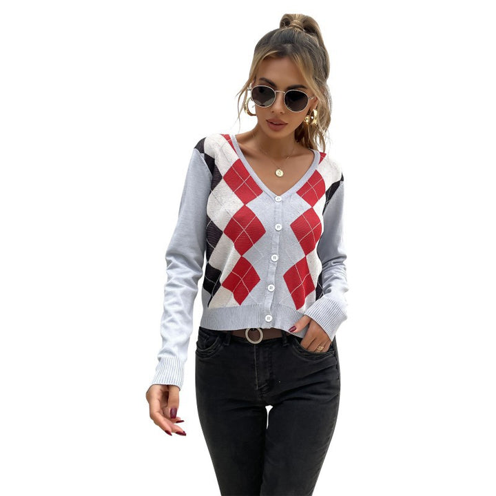 Damen Leichter Kurzcardigan mit Rautenmuster, V-Ausschnitt und Knopfleiste Drune