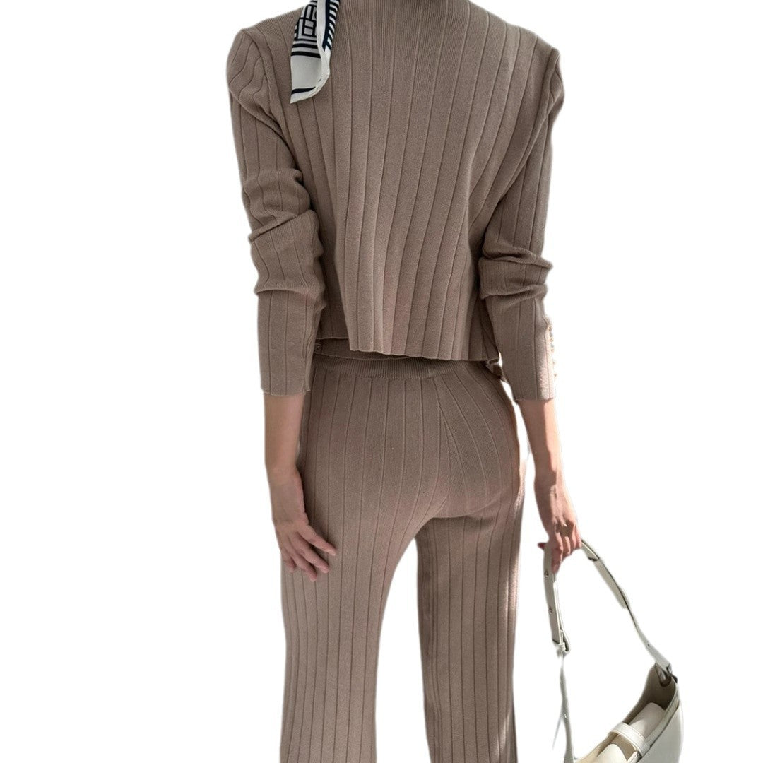Damen elegantes gestricktes Ensemble mit Knopfdetaillierung Drune