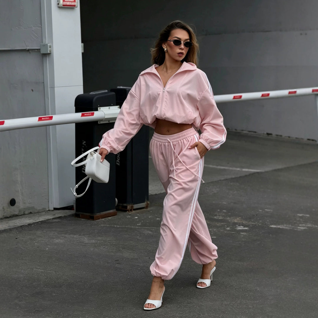 Damen Oversized kurz geschnittene Trainingsjacke und taillenhohe Jogginghose Set mit Seitenstreifen Drune