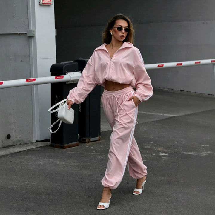 Damen Oversized kurz geschnittene Trainingsjacke und taillenhohe Jogginghose Set mit Seitenstreifen Drune