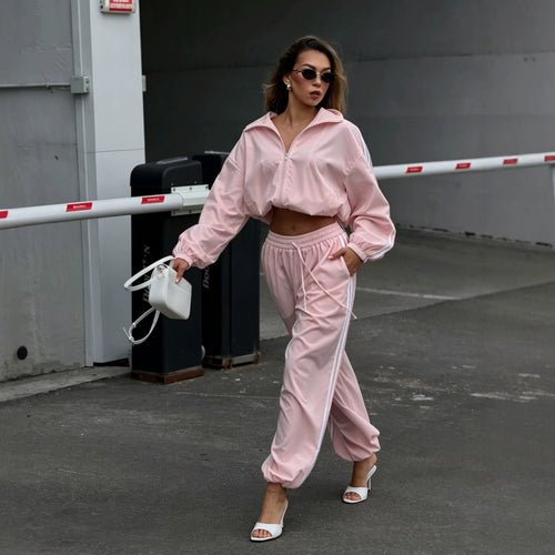 Damen Oversized kurz geschnittene Trainingsjacke und taillenhohe Jogginghose Set mit Seitenstreifen Drune