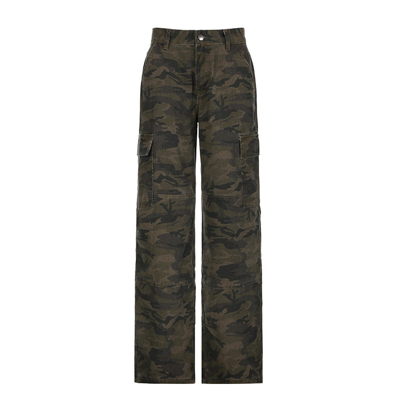 Damen Cargohose im Camouflage-Muster mit weitem Bein, hoher Taille und aufgesetzten Pattentaschen Drune