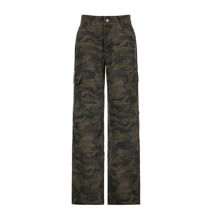 Damen Cargohose im Camouflage-Muster mit weitem Bein, hoher Taille und aufgesetzten Pattentaschen Drune