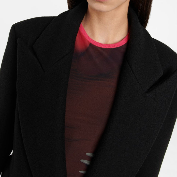 Damen Bodenlanger Longline Einreiher Wollmix-Mantel mit markanter Schulterpartie Drune