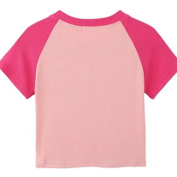 Damen Cropped T-Shirt mit kontrastierenden Ärmeln und modernem Aufdruck Drune