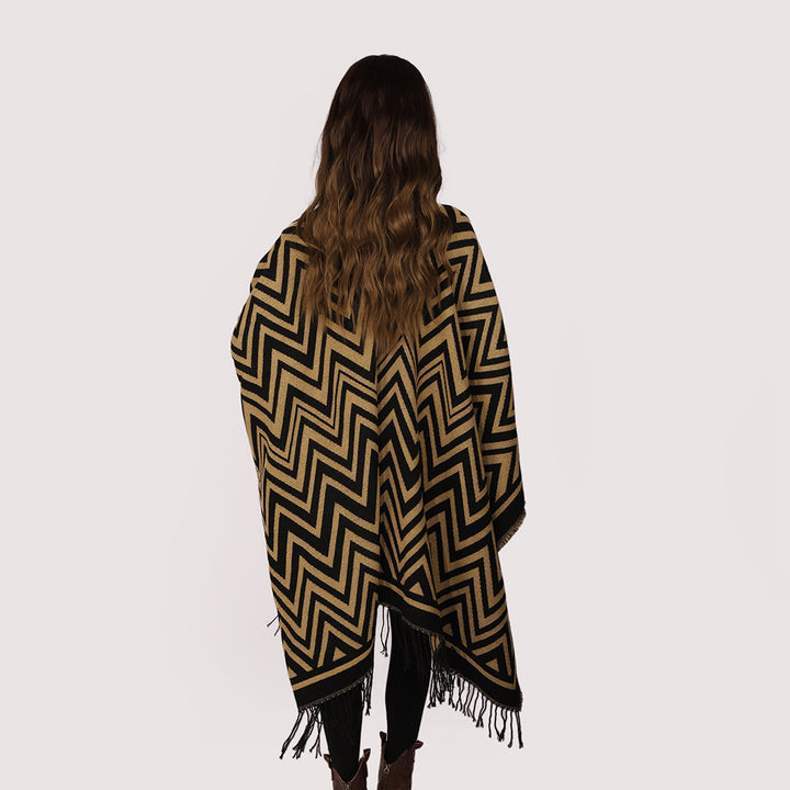 Damen Oversize-Umhang mit grafischem Zickzackmuster und langen Fransen Drune