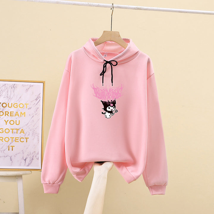 Damen nan Kapuzenpullover mit Gothic‑Kawaii Print, Oversize‑Schnitt und weichem Fleeceinnenfutter Drune