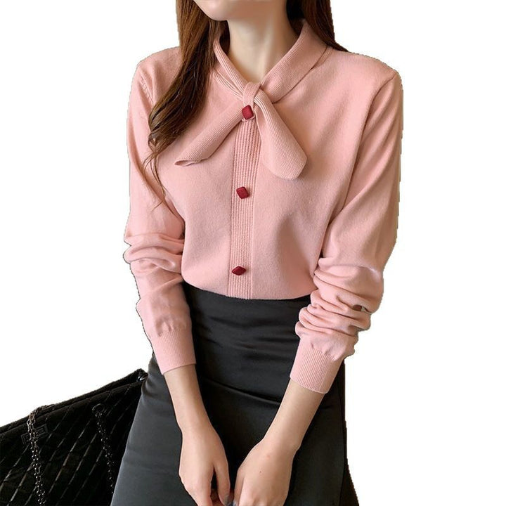 Damen Bluse mit elegantem Schleifenkragen und dekorativen Knopfdetails Drune
