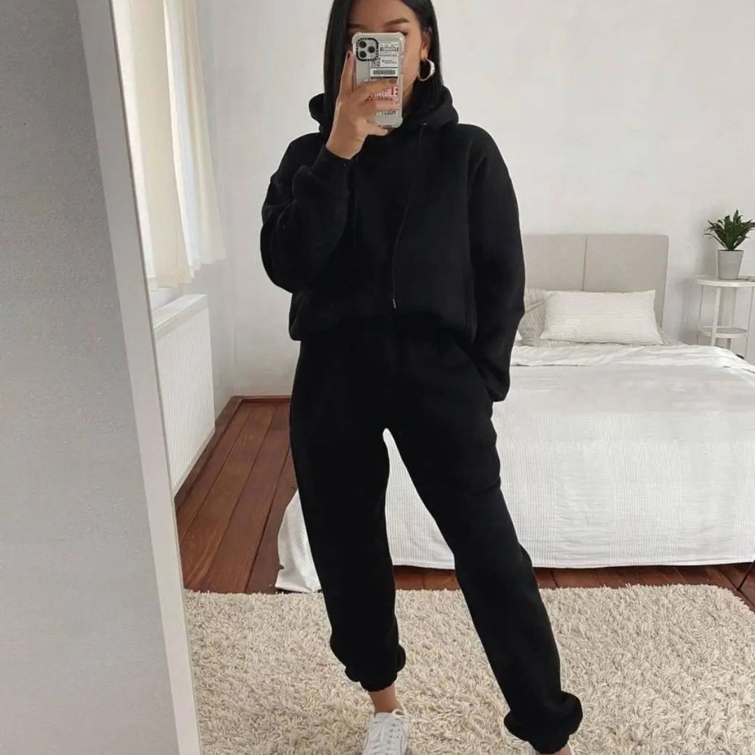 Damen sportliches Fleece-Joggingset mit Kapuze und elastischem Bund Drune