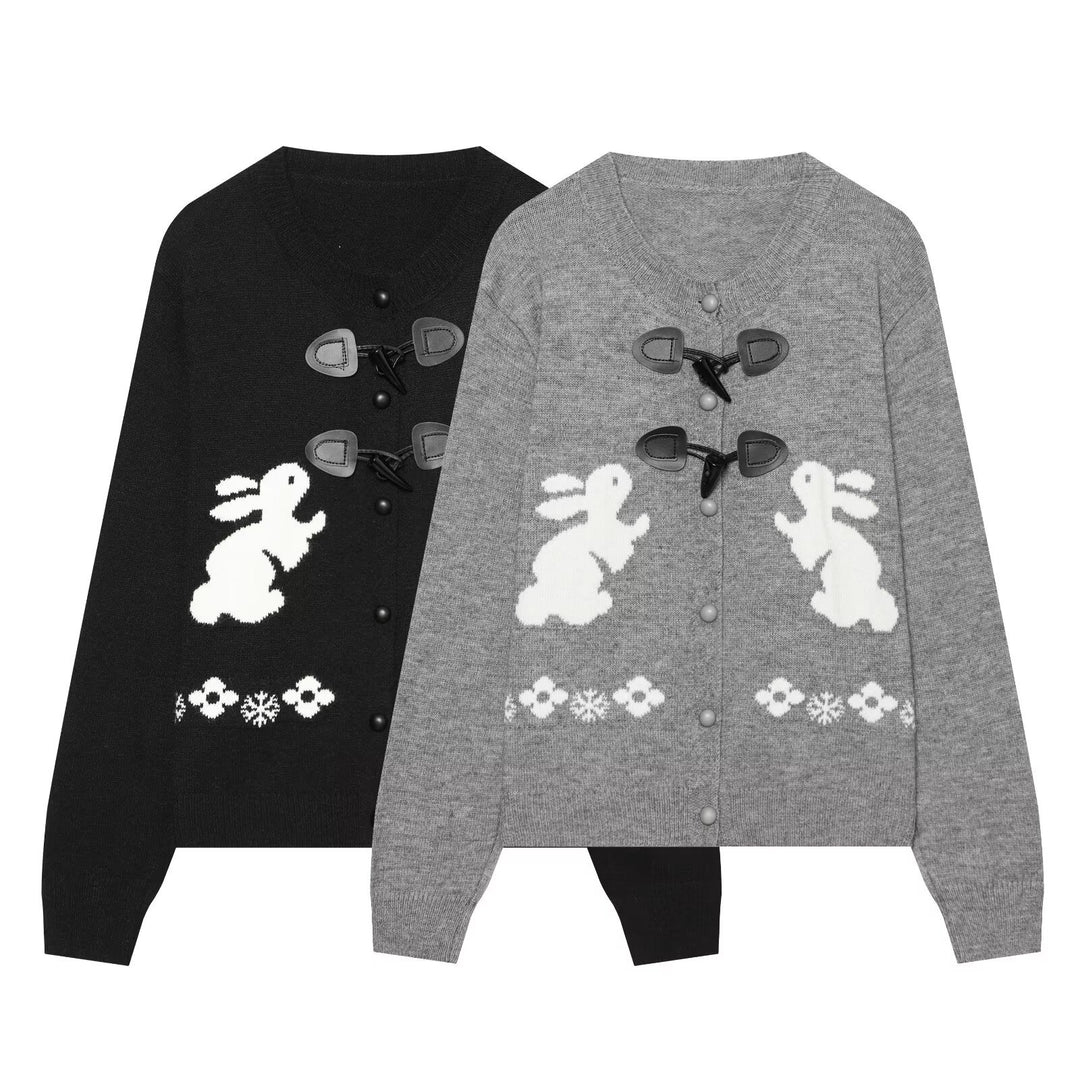 Damen Strickcardigan mit Hasenintarsien und dekorativem Knebelverschluss Drune
