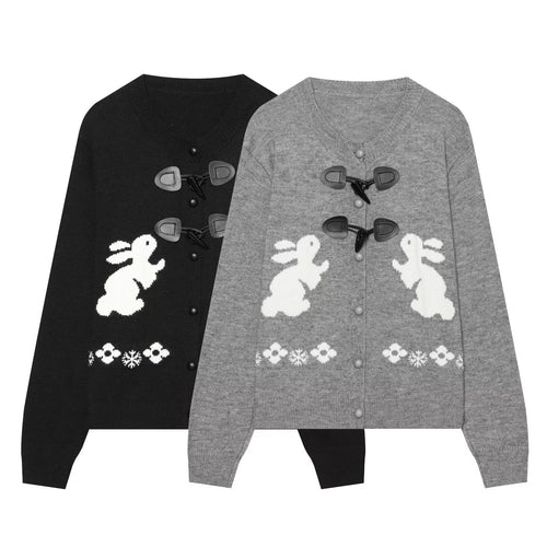 Damen Strickcardigan mit Hasenintarsien und dekorativem Knebelverschluss Drune