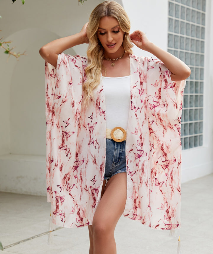 Damen eleganter Kimono mit kunstvollem floralem Muster und fransigen Kanten Drune