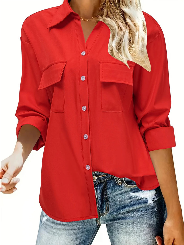 Damen Oversize-Hemdbluse mit Pattentaschen, durchgehender Knopfleiste und umgeschlagenen Ärmeln Drune
