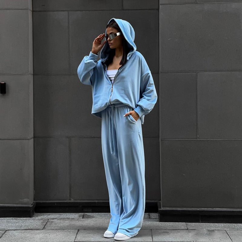 Damen kuscheliges Velours-Zweiteiler mit kurzem Reißverschluss-Hoodie, Tunnelzugbund und weitem Palazzo-Jogger Drune