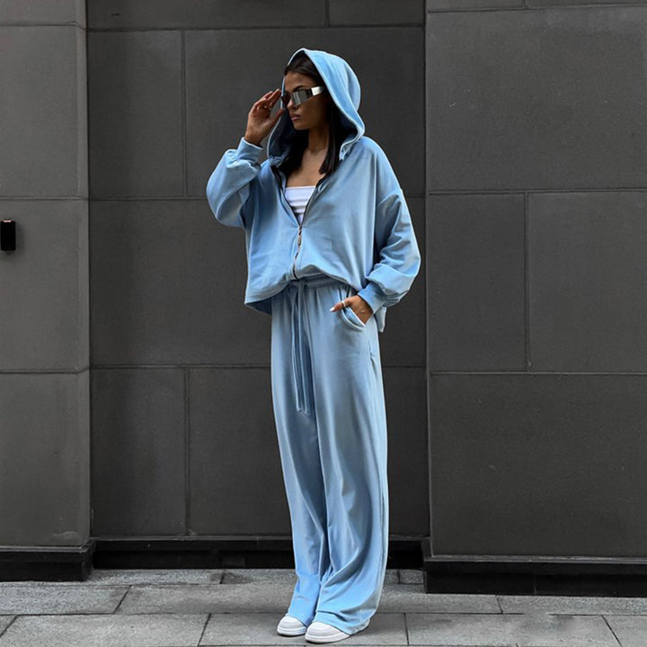 Damen kuscheliges Velours-Zweiteiler mit kurzem Reißverschluss-Hoodie, Tunnelzugbund und weitem Palazzo-Jogger Drune