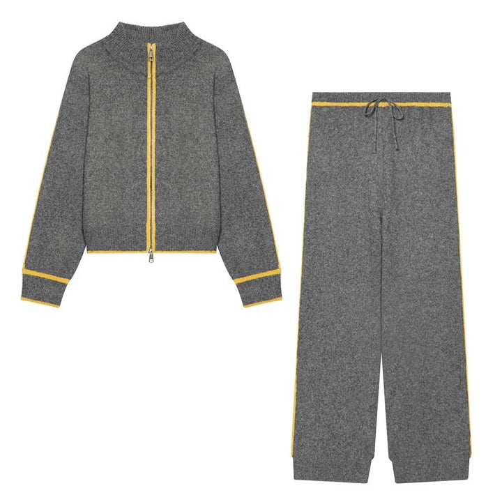Damen Zweiteiliges Strick-Loungewear-Set mit kurzem Reißverschluss-Cardigan und hoher Bund-Palazzo-Hose Drune