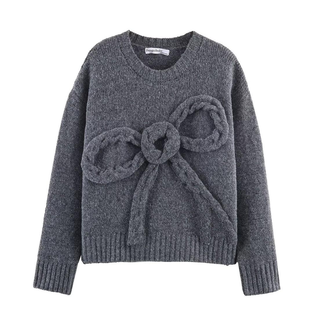 Damen Grobstrick-Pullover mit geflochtenem Schleifenapplikation Drune