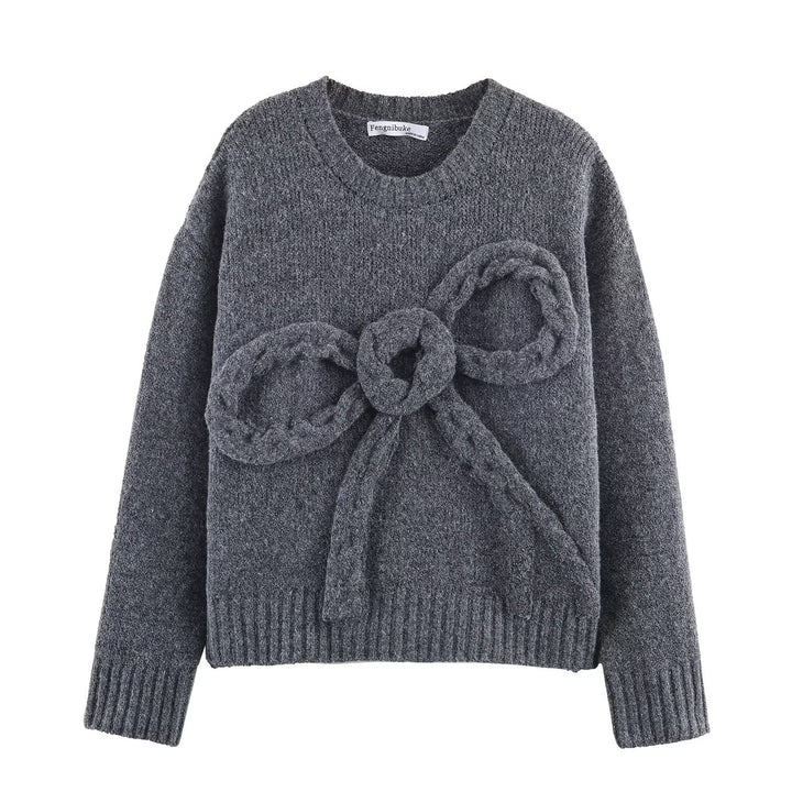 Damen Grobstrick-Pullover mit geflochtenem Schleifenapplikation Drune