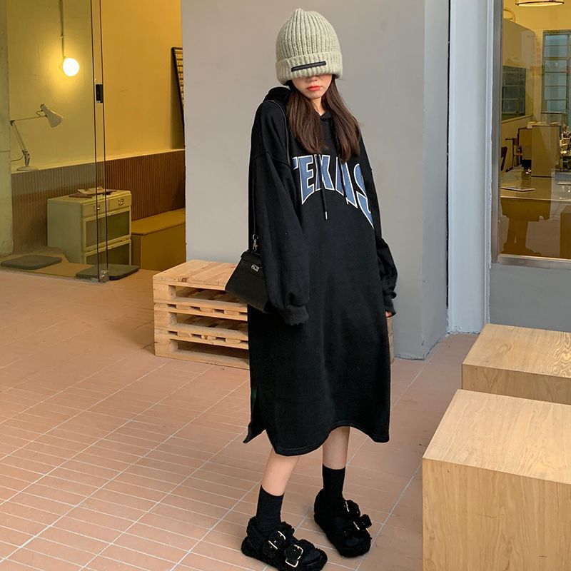 Damen Hoodie-Kleid mit modischem Aufdruck und seitlichen Schlitzen Drune