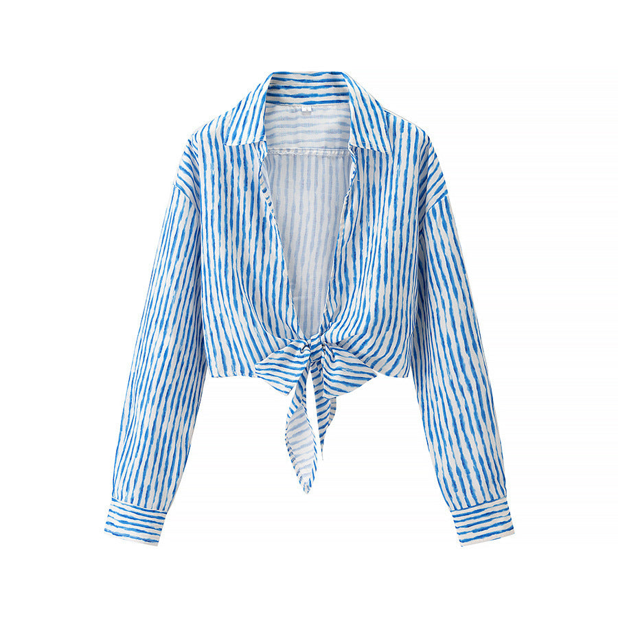 Damen nan geknotete Cropped-Bluse mit Hemdkragen und langen Ärmeln Drune
