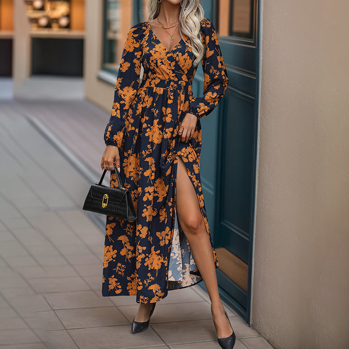 Damen Florales Maxikleid mit Wickel‑Dekolleté, Smock‑Taillenband und hohem Seitenschlitz Drune