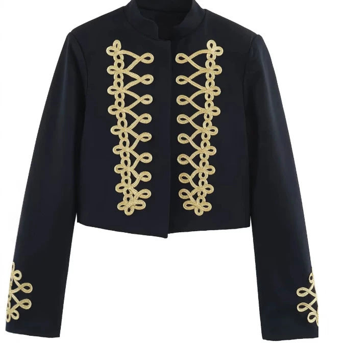 Damen Cropped Militärjacke mit Stehkragen und dekorativen Zierkordeln Drune