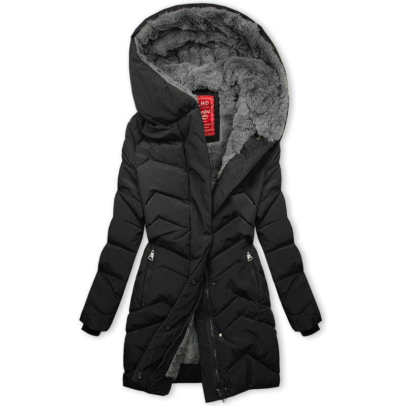 Damen Lange gefütterte Winterjacke mit hohem Kragen und kuscheligem Innenfutter Drune