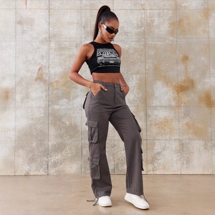 Damen Utility-Cargo-Hose mit weitem Bein, Mehrfach-Taschen und taillenhoher Passform Drune