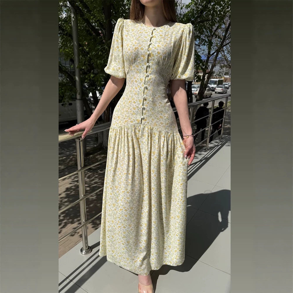 Damen Midikleid mit Puffärmeln, taillierter Silhouette und geknöpftem Mieder Drune