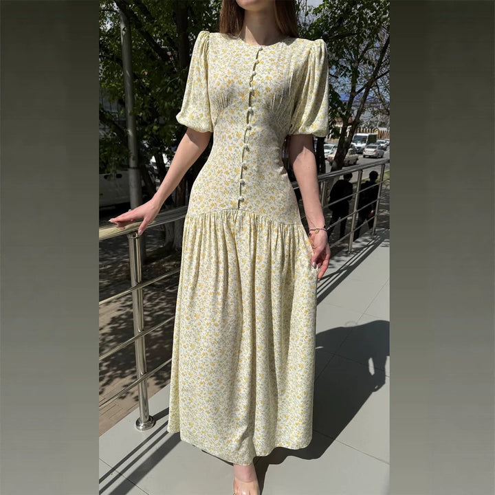 Damen Midikleid mit Puffärmeln, taillierter Silhouette und geknöpftem Mieder Drune