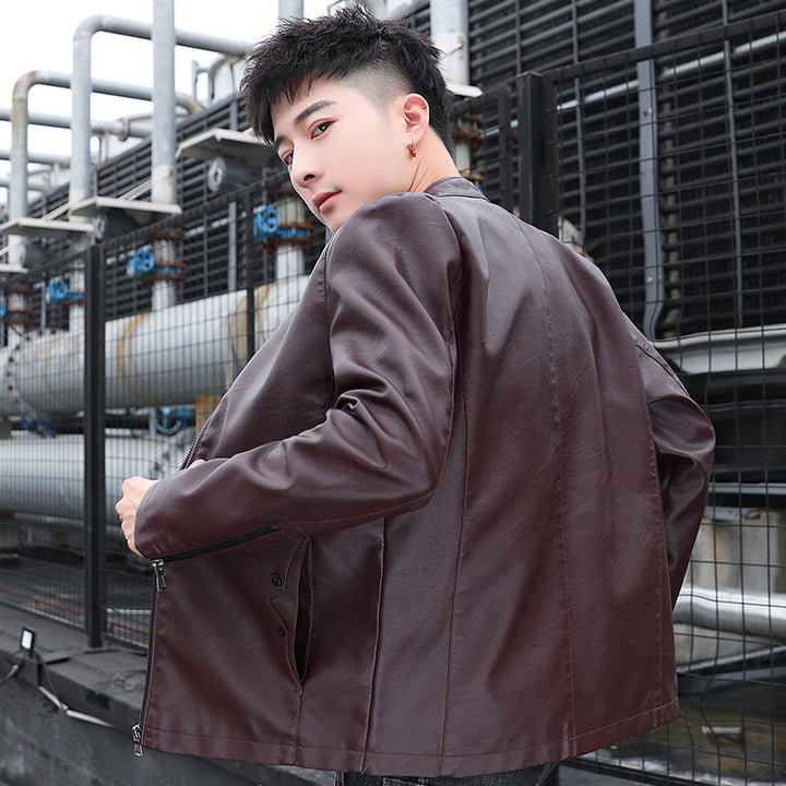 Herren schlanker Kunstleder‑Moto‑Blouson mit Stehkragen und Reißverschluss‑Taschen Drune
