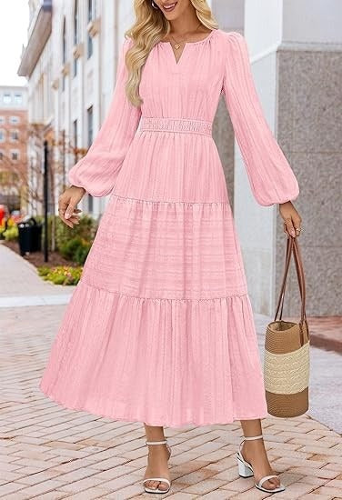 Damen Maxikleid mit voluminösen Ärmeln und detailreicher Taillenbetonung Drune