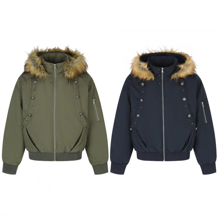 Damen Gefütterte Bomberjacke mit Kapuze und Kunstfellkragen Wattierte Winterjacke Drune