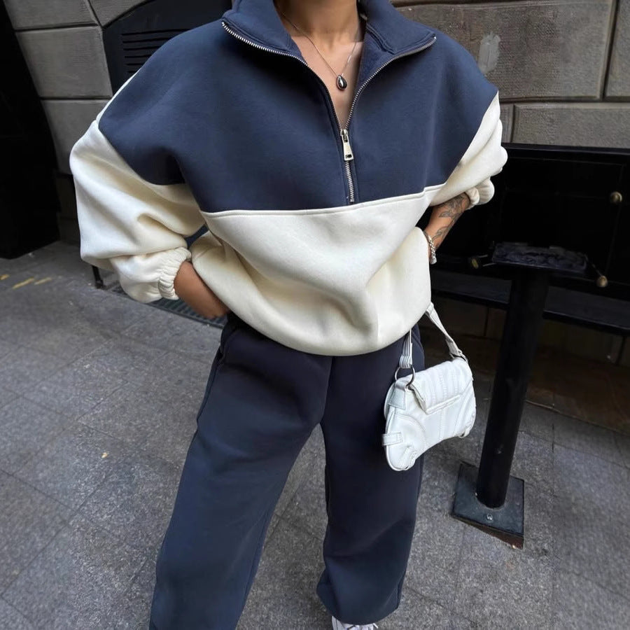 Damen Oversized Zweifarbiges Half-Zip Loungewear-Set mit Stehkragen und weitem Palazzo-Jogger Drune