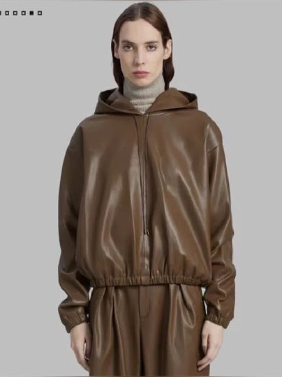 Damen lässige Kunstlederjacke mit Kapuze Drune