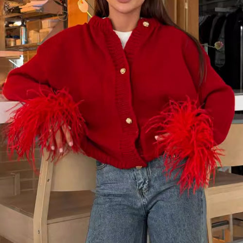 Damen Strickjacke mit eleganten Fransenärmeln und goldenen Knöpfen Drune
