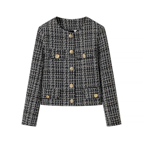 Damen nan kastige Bouclé-Tweedjacke mit rundem Ausschnitt goldfarbenen Zierknöpfen und aufgesetzten Taschen Drune