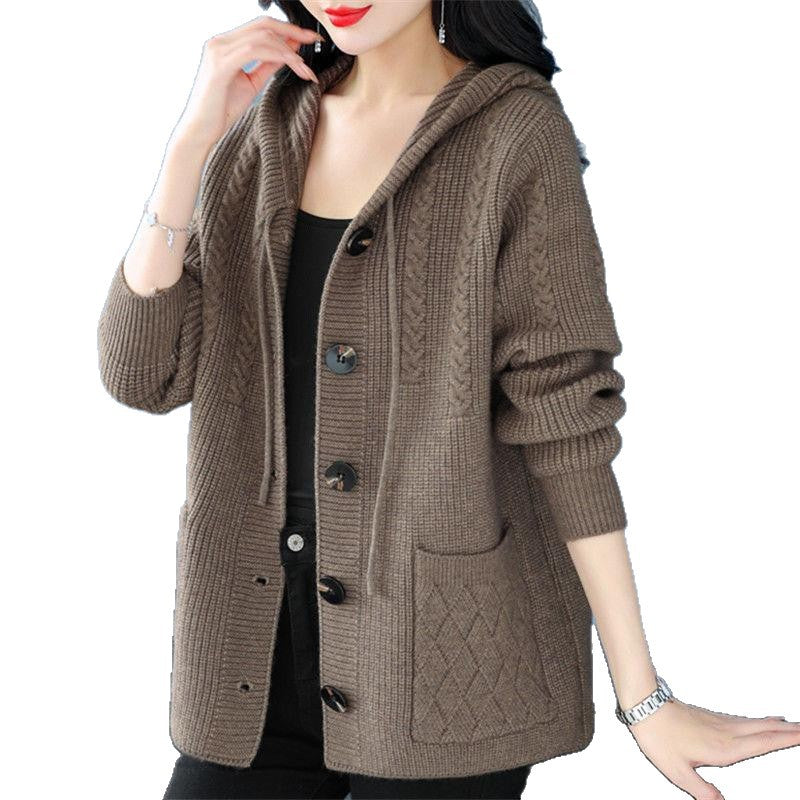 Damen Strickjacke mit Kapuze und Zopfmuster Drune