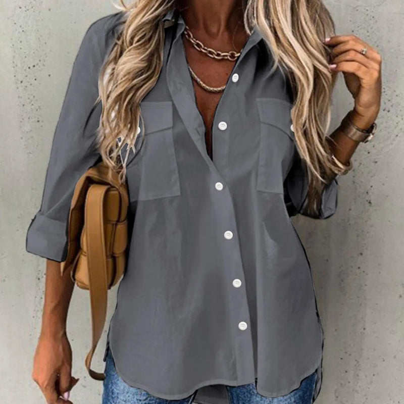 Damen lässige Hemdbluse mit Brusttaschen und modischem Schnitt Drune