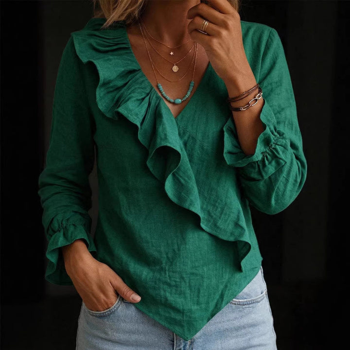 Damen Volant‑Bluse im Leinenlook mit Wickeloptik und asymmetrischem Zipfelsaum Drune