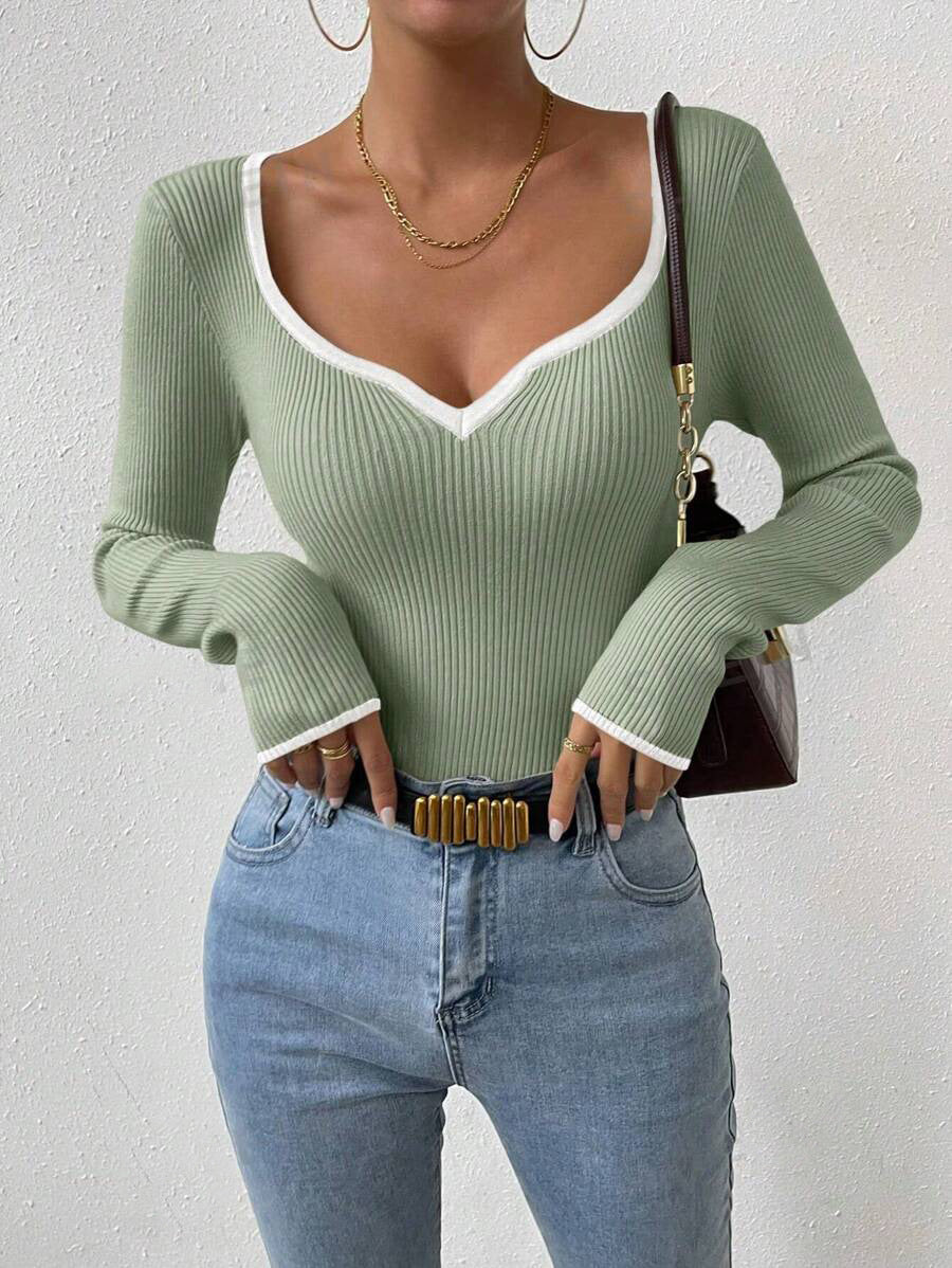Damen Langarm-Shirt im Rippdesign mit V-Ausschnitt Drune