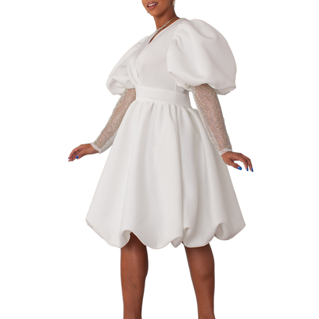 Damen Wickelkleid mit voluminösen Puffärmeln und transparenten Netzoberarmen Drune
