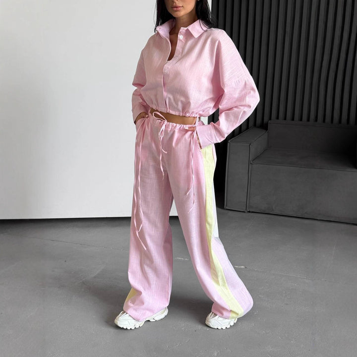 Damen kurzes Hemd mit Kordelzug und weite hochgeschnittene Leinenhose Set Drune